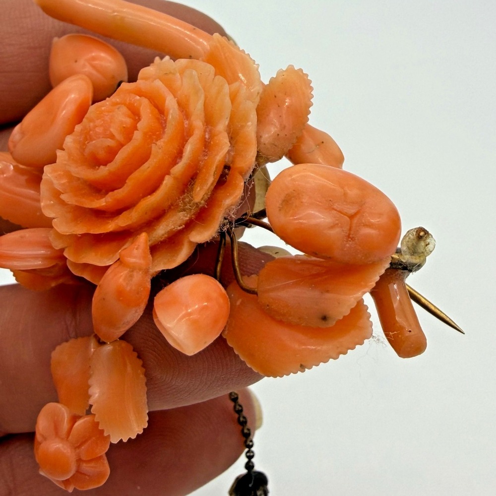 Antique Victorian Gold Angel Skin Coral Floral Bouquet Brooch C Clasp Dangle - Picture 11 of 16